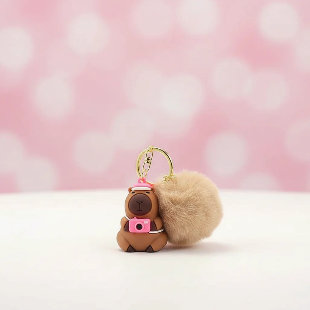 Rosa Capybara Nyckelring Pompom - Kawaii Design med Kamera