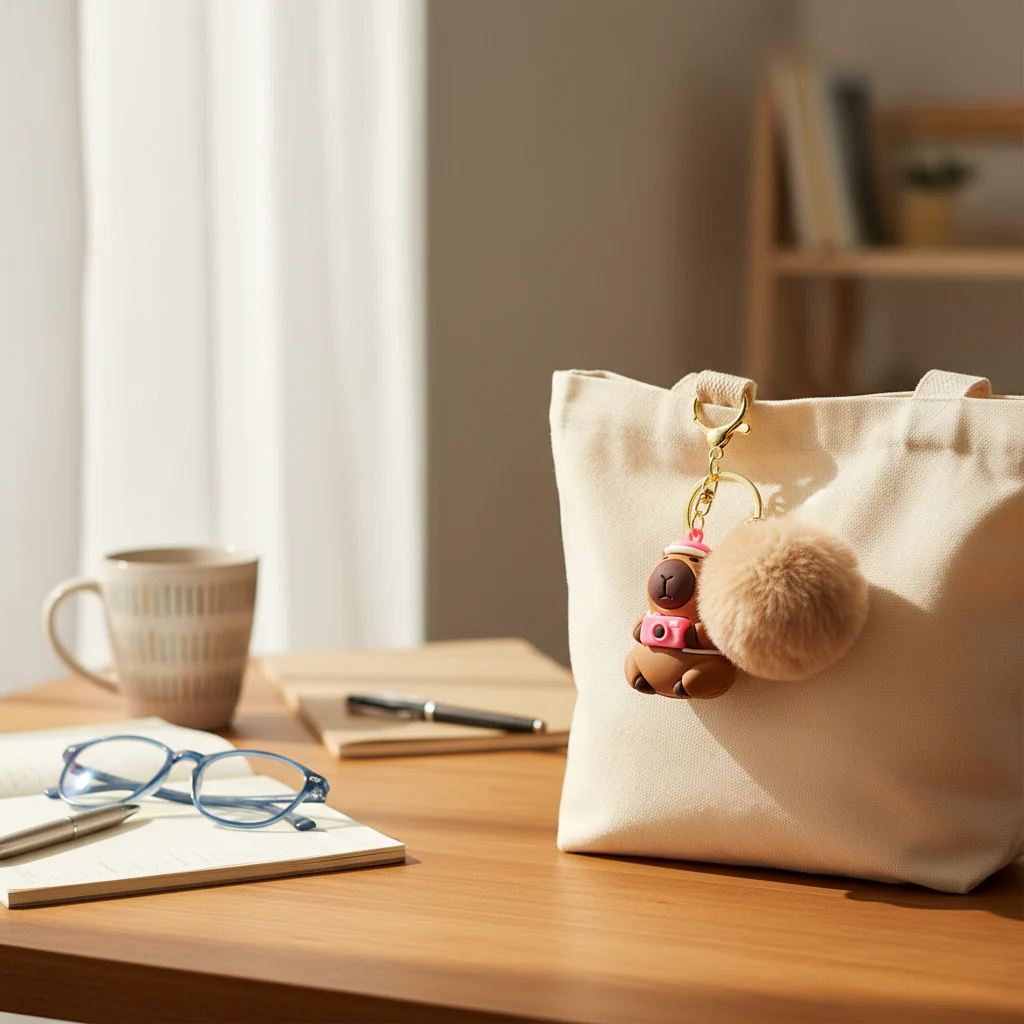 Rosa Capybara Nyckelring Pompom - Kawaii Design med Kamera - Image 2