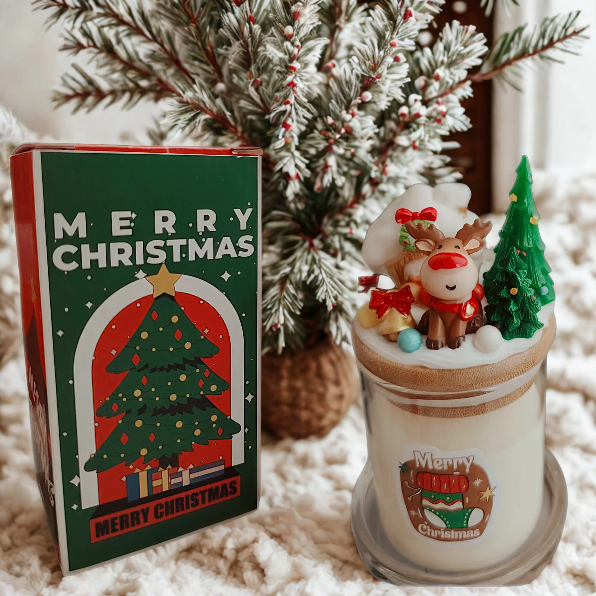 Doftljus Vit Persika & Oolong-te – Handdekorerat Julmotiv - Image 3