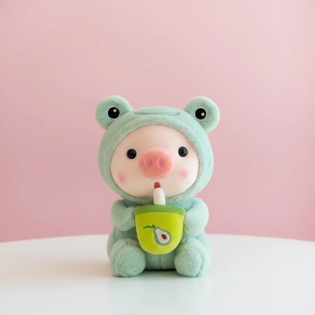 Gris i Groddräkt Plushie 25cm - Söt Mjukisdjur med Avocado Dryck