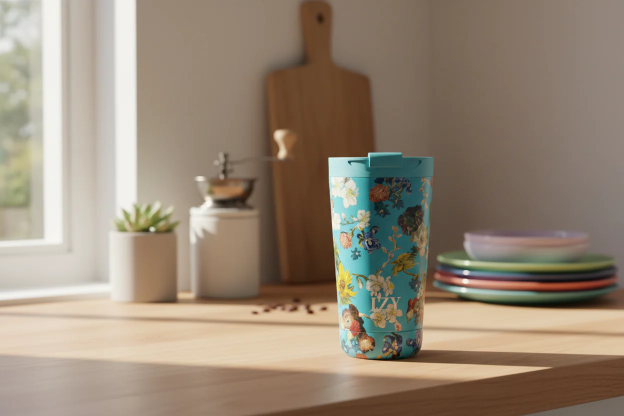 IZY Bottles termo-mugg Vincent's Flowers (grön) isolerad kaffemugg - Image 2