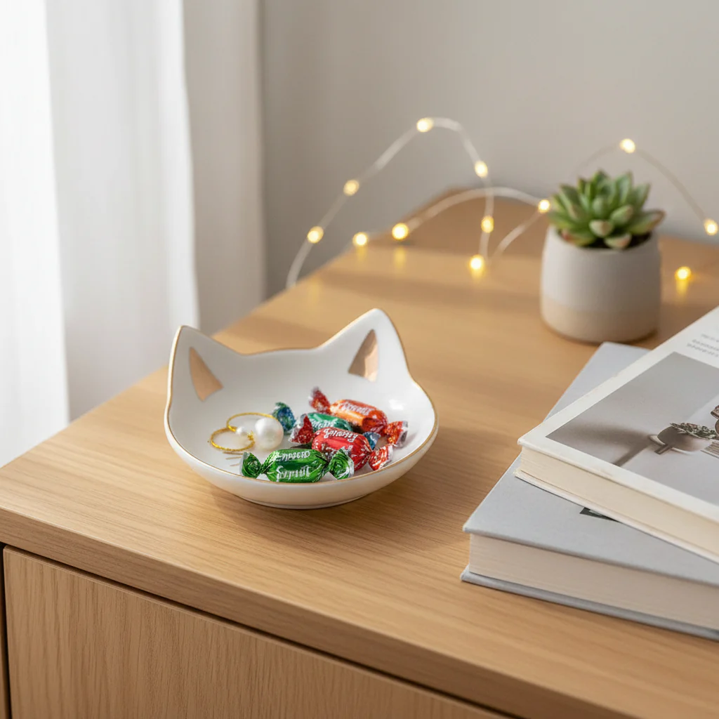 Kawaii kattfat i vitt porslin - Smyckesfat eller godisskål med söt kattdesign - Image 2