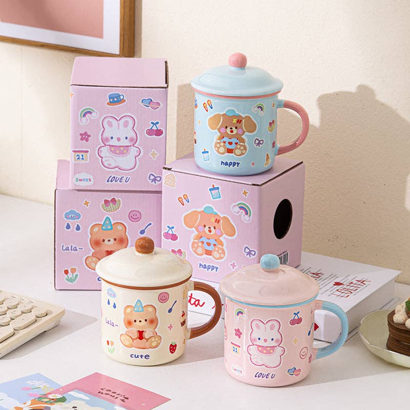 Söt beige Kawaii mugg med björn och lock – 400 ml - Image 2