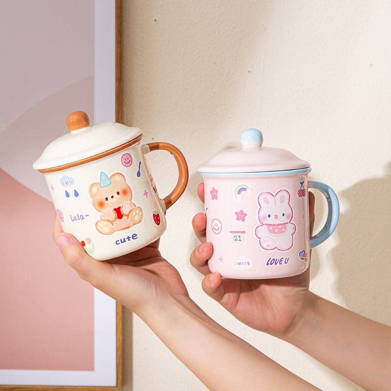 Söt beige Kawaii mugg med björn och lock – 400 ml - Image 3