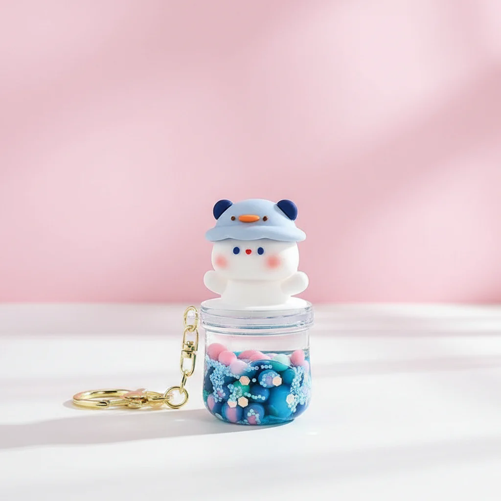 Nyckelring Kawaii Nalle med Blå Hatt och Färgglada Kulor - Söt Accessoar