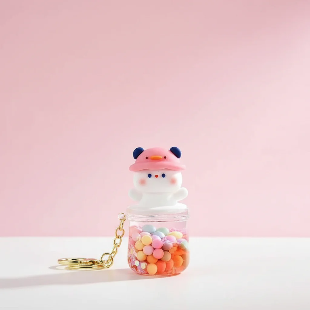 Nyckelring kawaii nalle med rosa hatt och skakbar burk med kulor