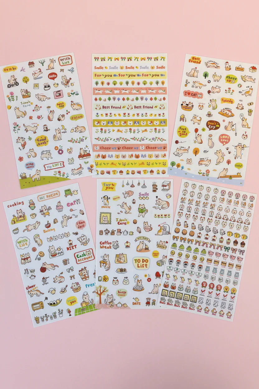 Sticker-set med orangea katter- 6 ark kawaii stickers för pyssel och dekoration